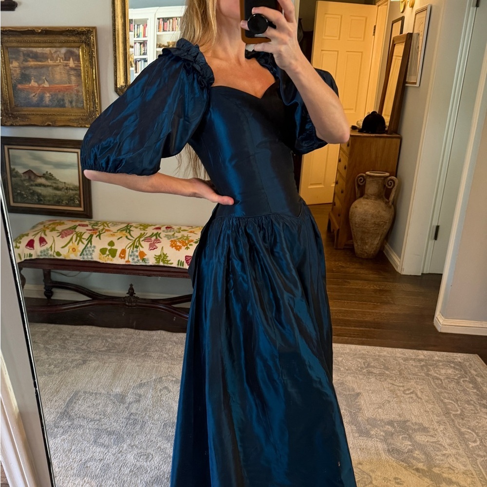 Vintage Jessica Mcluntock style Teal Off-Shoulder Dress with bow - Picture 4 of 11